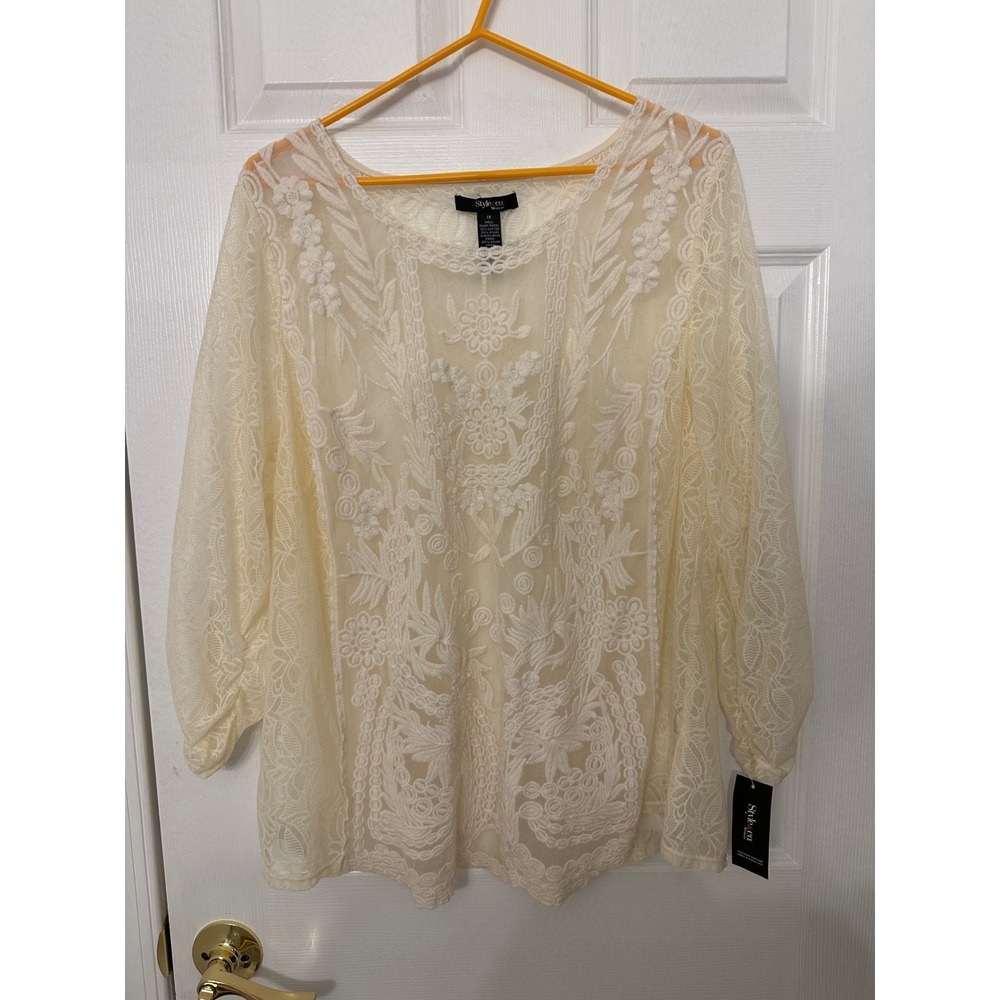 Style & Co Woman Cream Lace Floral Embroidered 3/4 Sleeve Blouse Top 1X NWT